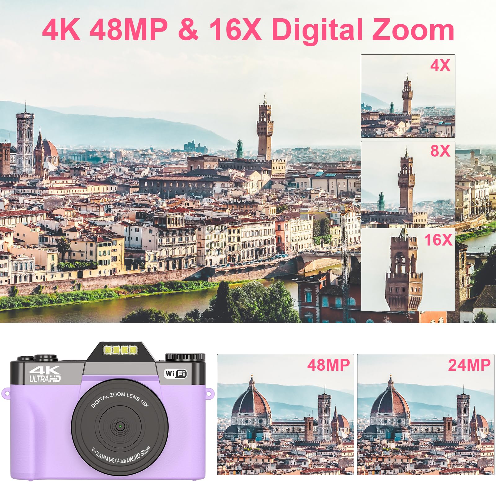 Digital Cameras For Photography, 4K 56Mp Vlogging Camera 16X Digital Zoom Manual Focus Rechargeable Students Compact Camera With 52Mm Wide Angle & Macro Lens, 32G Tf Card And 2 Batteries(Purple)